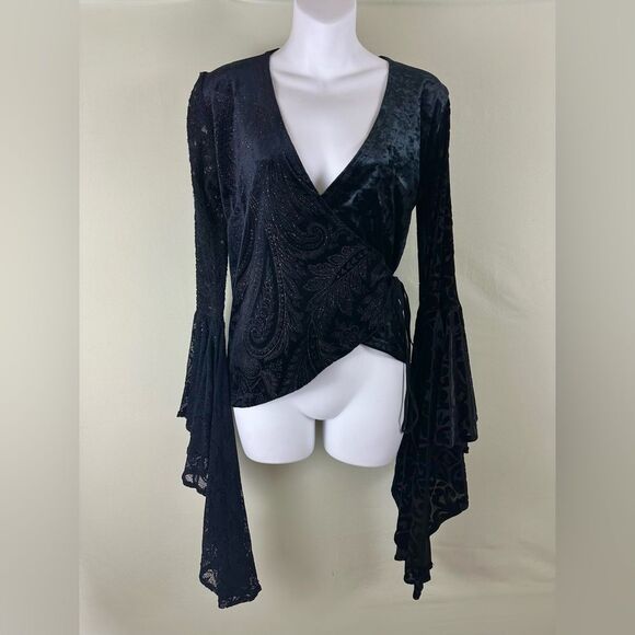 Vintage Black Whimsygoth Gothic Renaissance Velvet Lace Flowy Sleeve Wrap Top - Picture 1 of 7